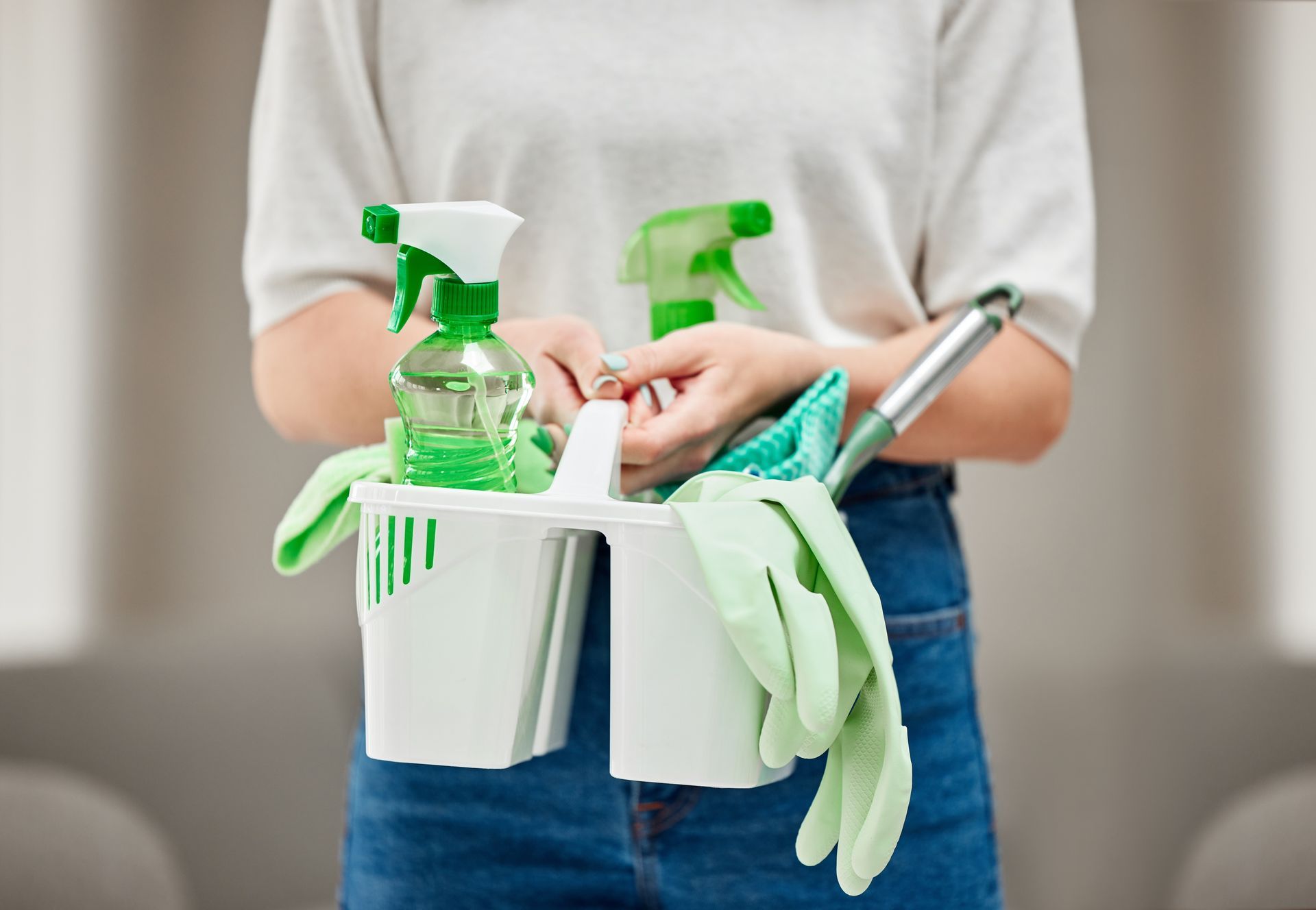 A woman is holding a basket full of cleaning supplies.